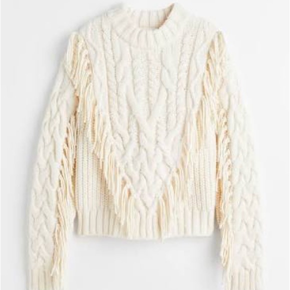 Ivory Cable Knit Sweater with Fringe - Picture 1 of 6